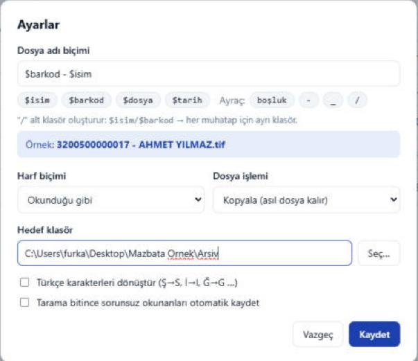 Ayarlar penceresinde dosya adı biçimi ve canlı örnek