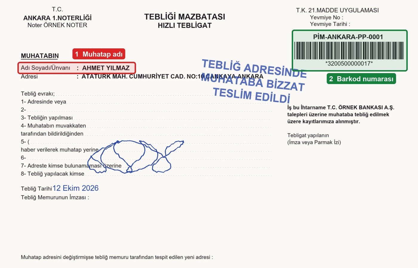 Örnek mazbatada muhatap adı ve barkod alanlarının işaretlendiği görsel